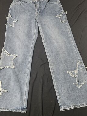 High-Rise Light Blue Star Distressed Wide-Leg Jeans